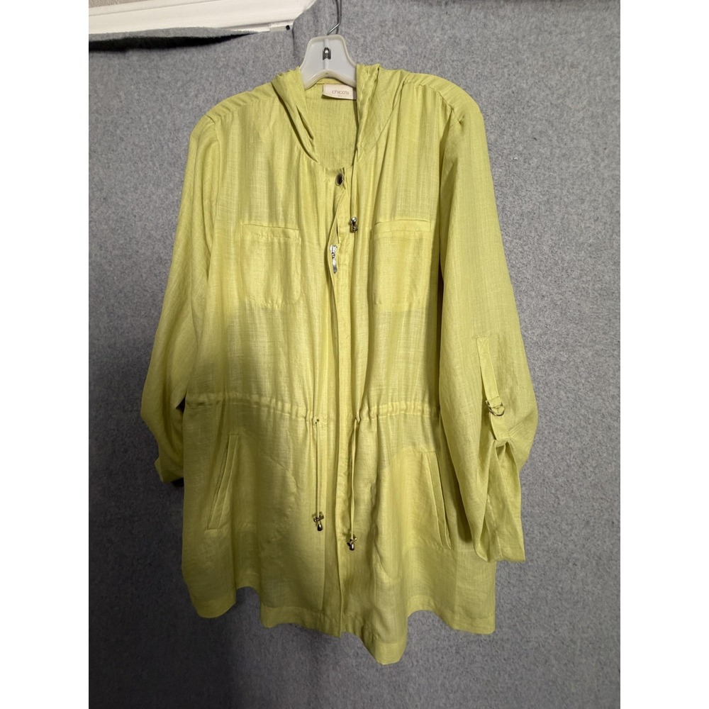 Chico's‎ Jacket Womens 2 Yellow Hooded Anorak Zip Front Drawstring Lightweight